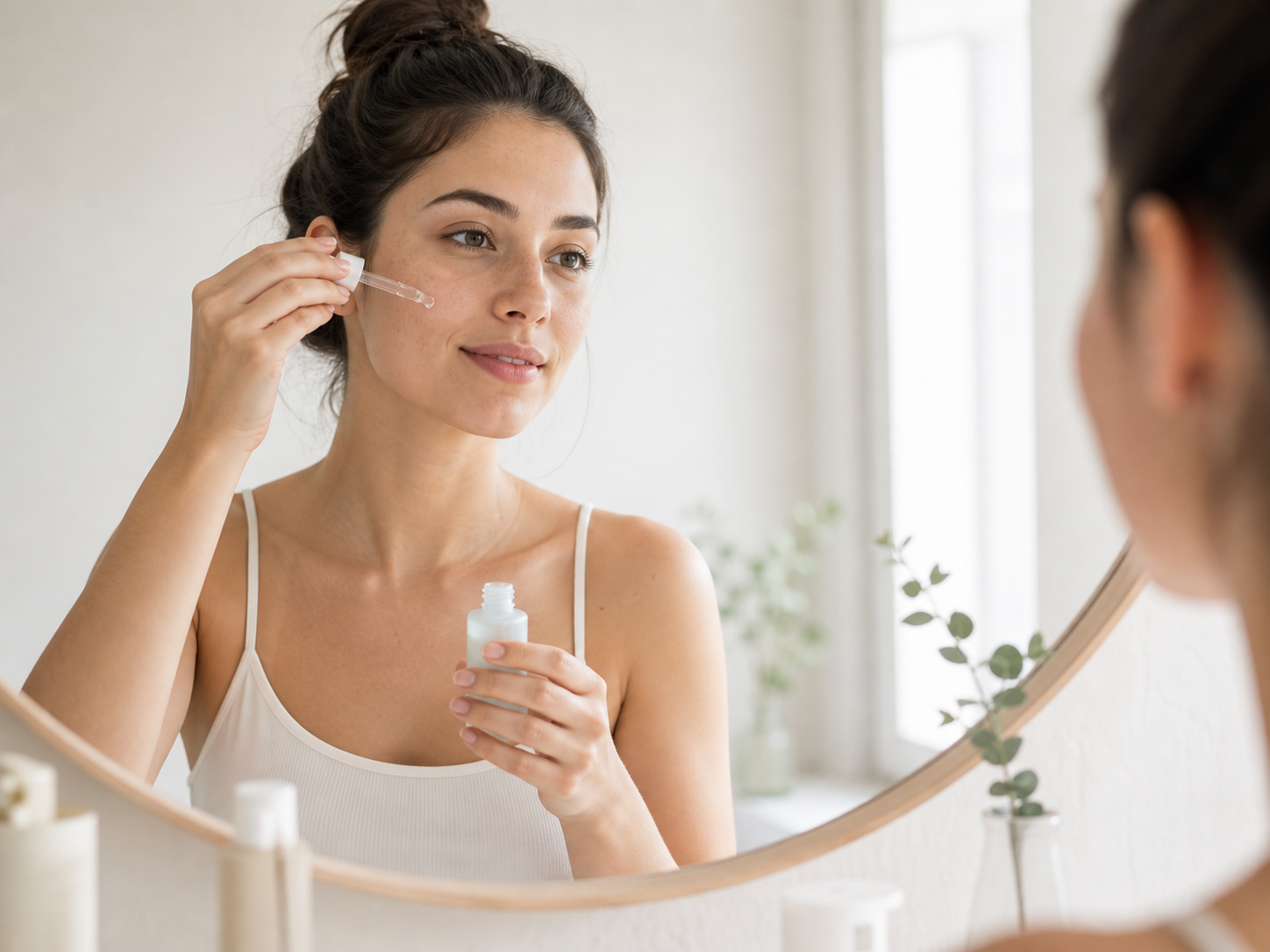 Persona aplicando sérum antioxidante frente al espejo por la mañana Persona aplicando sérum antioxidante frente al espejo por la mañana