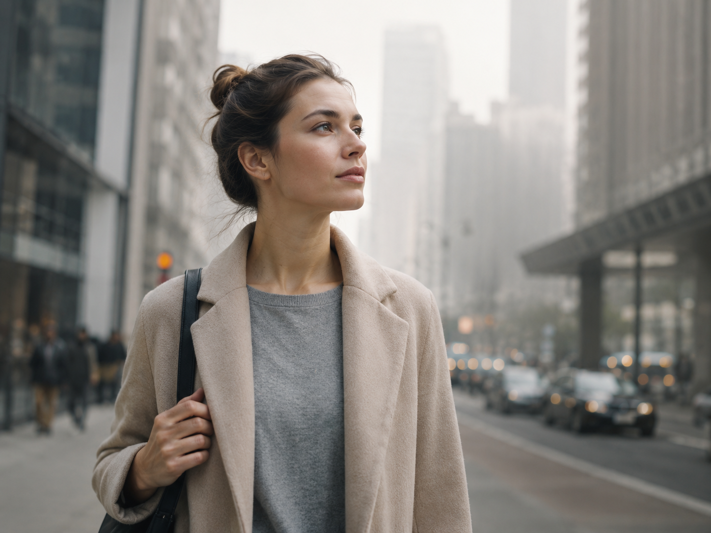 Mujer caminando en entorno urbano moderno con contaminación ambiental sutil Mujer caminando en entorno urbano moderno con contaminación ambiental sutil