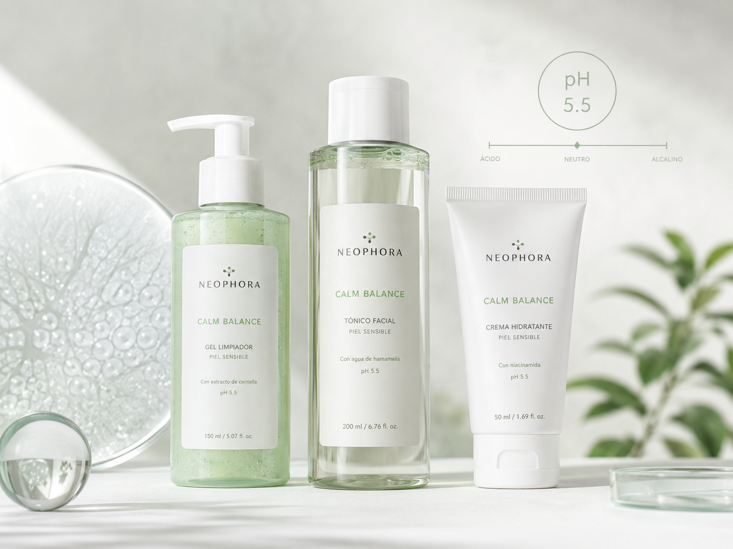 Tres cosméticos faciales minimalistas con conceptos visuales de piel sensible, poros y equilibrio del pH