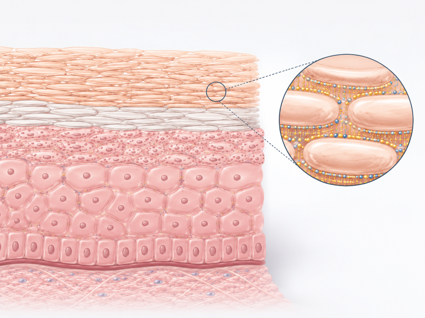 Capas superficiales de la piel con ceramidas representadas como estructuras que unen las células cutáneas