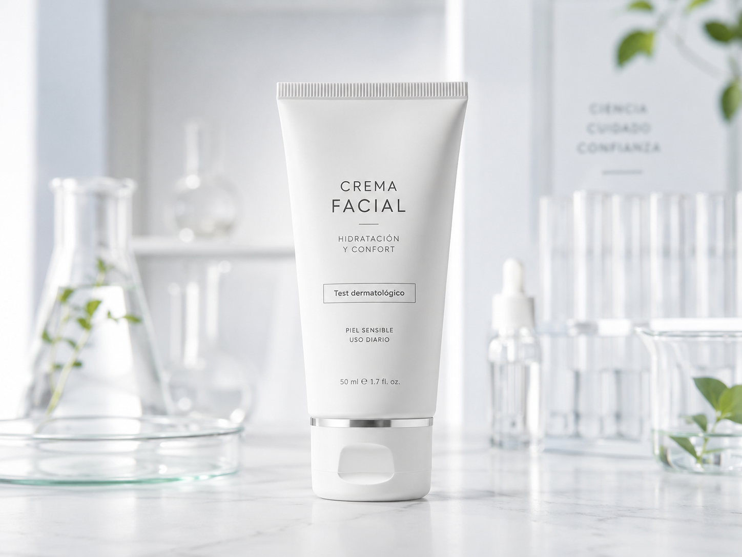 Producto facial sobre una superficie clara con una etiqueta genérica de test dermatológico