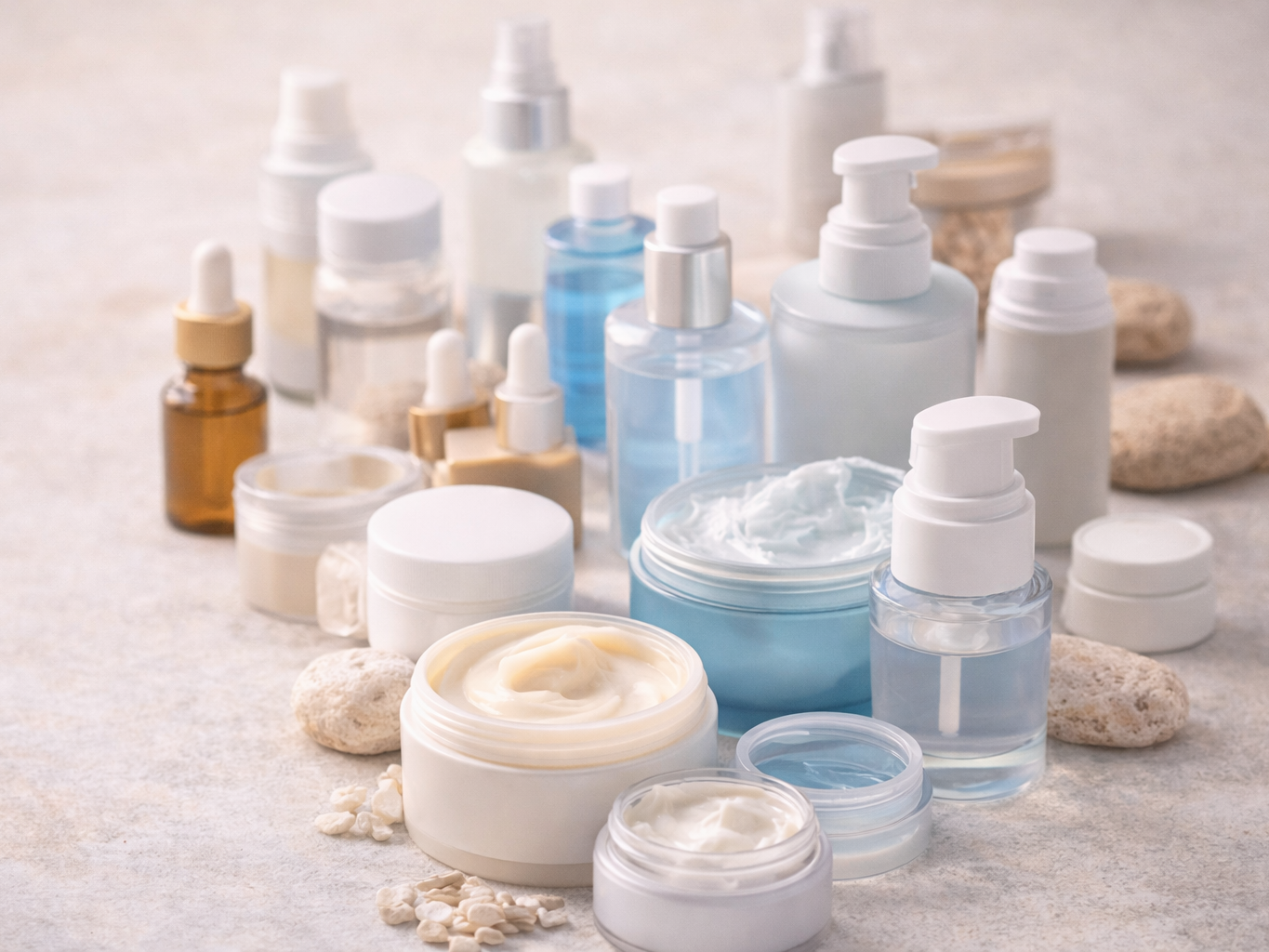 Mesa con numerosos productos cosméticos abiertos (cremas, sérums y tónicos) Mesa con numerosos productos cosméticos abiertos (cremas, sérums y tónicos)