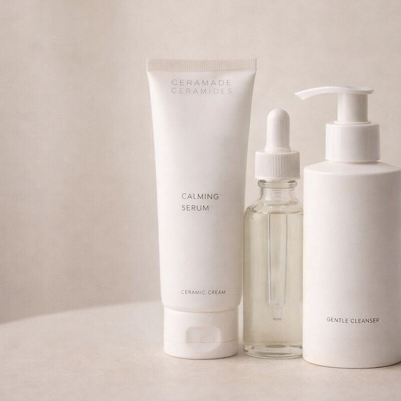 Composición de productos reparadores de la barrera cutánea: crema con ceramidas, sérum calmante y limpiador suave
