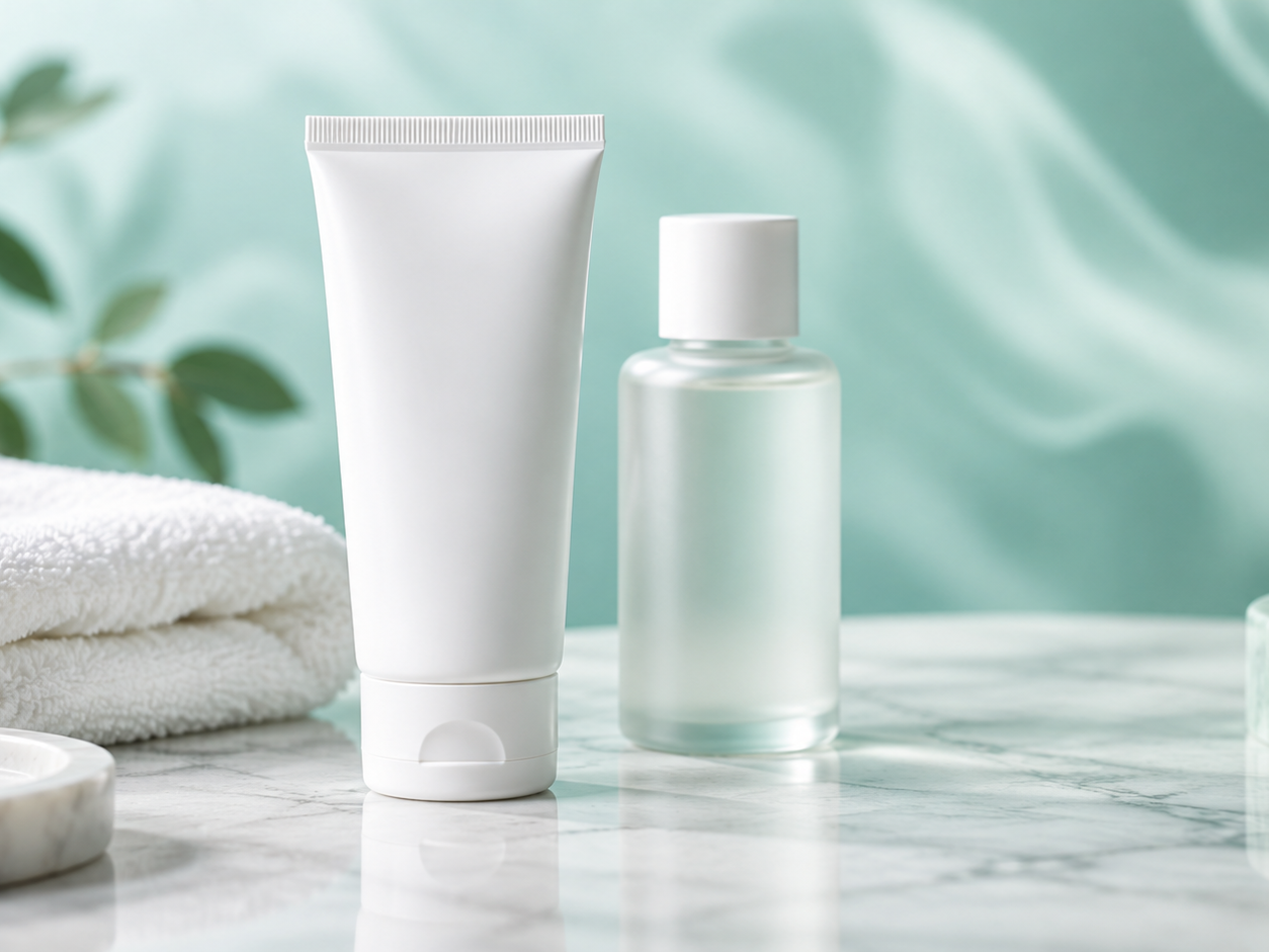 Crema dermatológica neutra, frasco sin marca, toalla blanca y fondo abstracto en tonos verde agua.