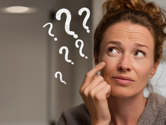 Mujer mirándose la piel de cerca para ver sus arrugas en el espejo con expresión interrogativa