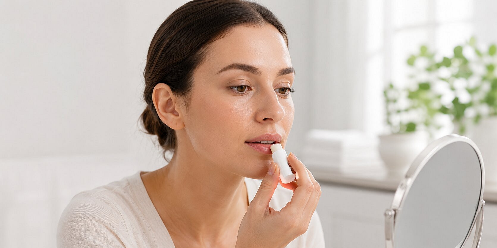 Mujer con herpes labial aplicándose bálsamo labial 