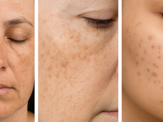Comparativa de imágenes clínicas: una con melasma, otra con lentigos solares y otra con hiperpigmentación postacné