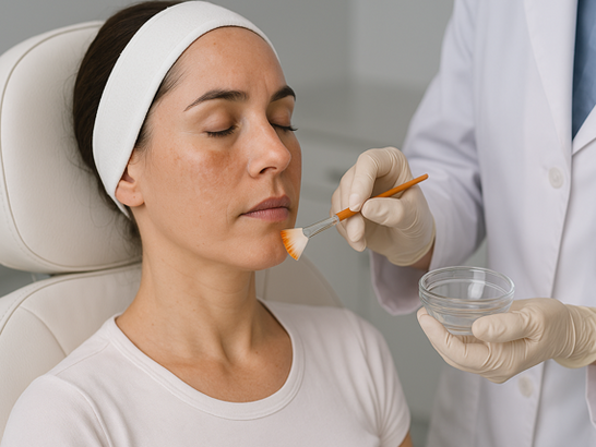 Mujer en consulta dermatológica durante un peeling químico