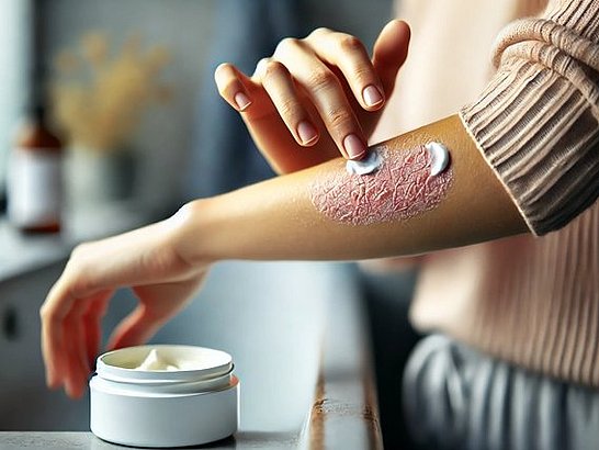 Persona aplicando crema en su piel, mostrando una rutina de autocuidado en el tratamiento de la psoriasis