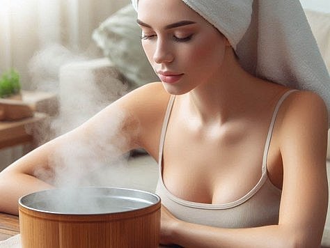 Persona sentada frente a un bol de agua caliente con una toalla sobre la cabeza para atrapar el vapor