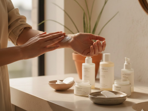 Persona aplicando crema hidratante en un entorno cálido y minimalista, acompañada de productos suaves indicados para mantener el equilibrio del pH
