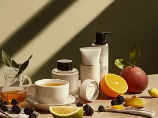 Un kit de productos de cuidado de la piel (cremas, protector solar y limpiadores suaves) junto a frutas frescas, una taza de té y una vela aromática.