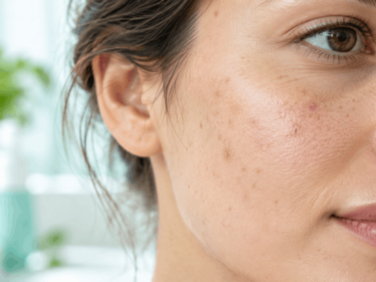 Rostro adulto parcialmente visible con algunas pequeñas manchas planas y sutiles tras el acné en la mejilla