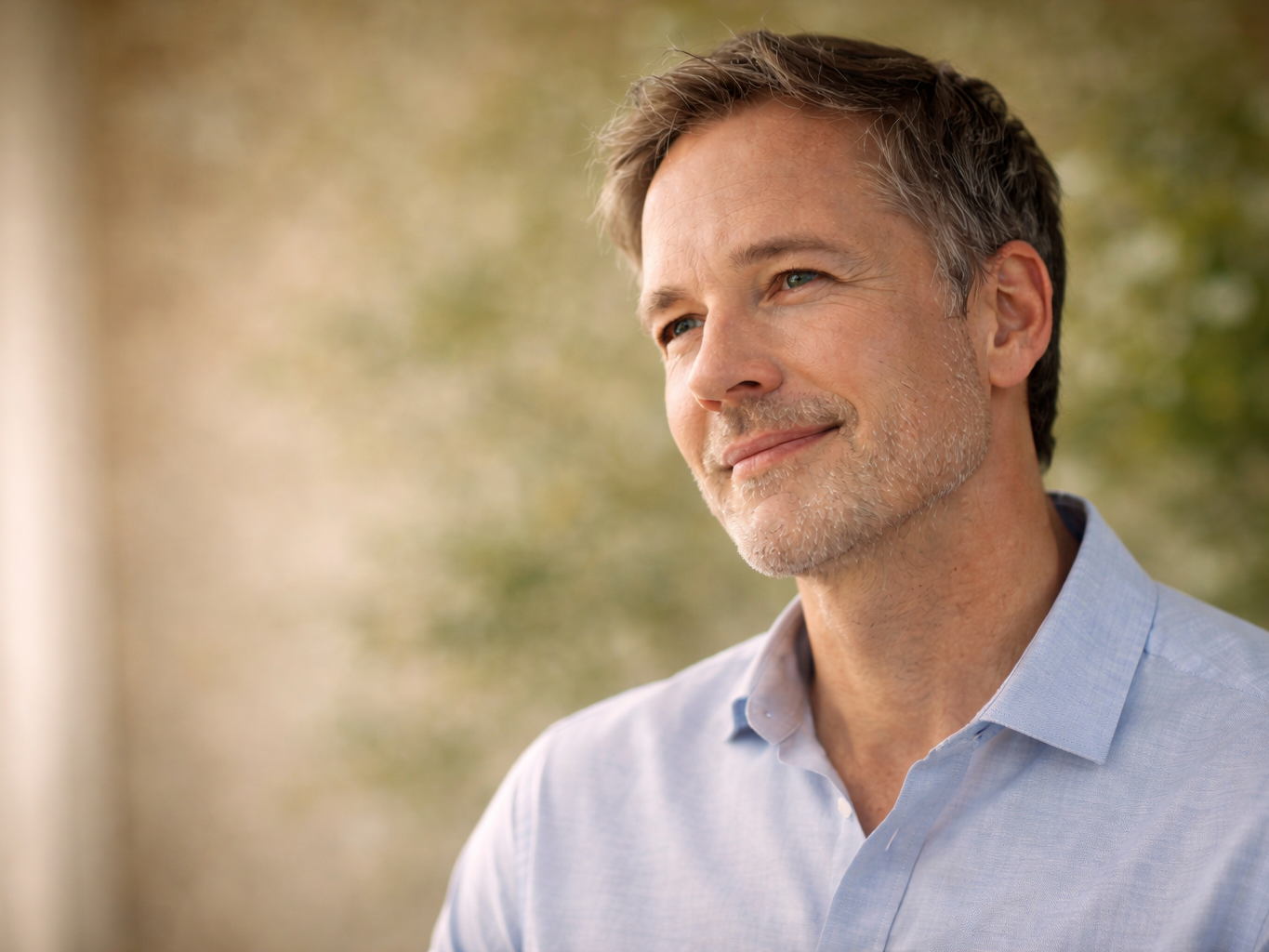 Hombre adulto con expresión relajada, piel natural con signos suaves de envejecimiento