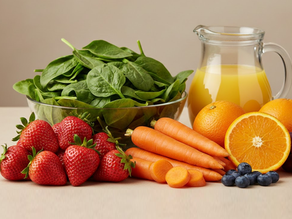 Selección de frutas y verduras ricas en antioxidantes como fresas, espinacas, zanahorias y naranjas