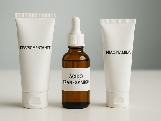 Tubos y frascos con fórmulas dermatológicas rotuladas como "despigmentante", "ácido tranexámico", "niacinamida"