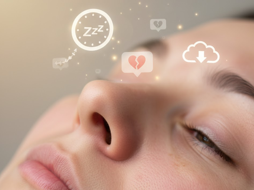 Piel con leve enrojecimiento y signos de fatiga, con iconos digitales flotando de forma sutil alrededor (notificaciones, mensajes, alertas) Piel con leve enrojecimiento y signos de fatiga, con iconos digitales flotando de forma sutil alrededor (notificaciones, mensajes, alertas)