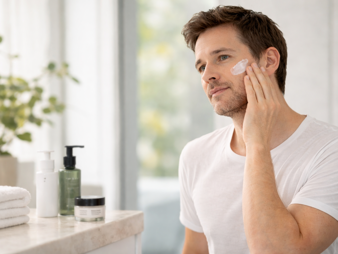 Hombre aplicando crema facial con gesto relajado