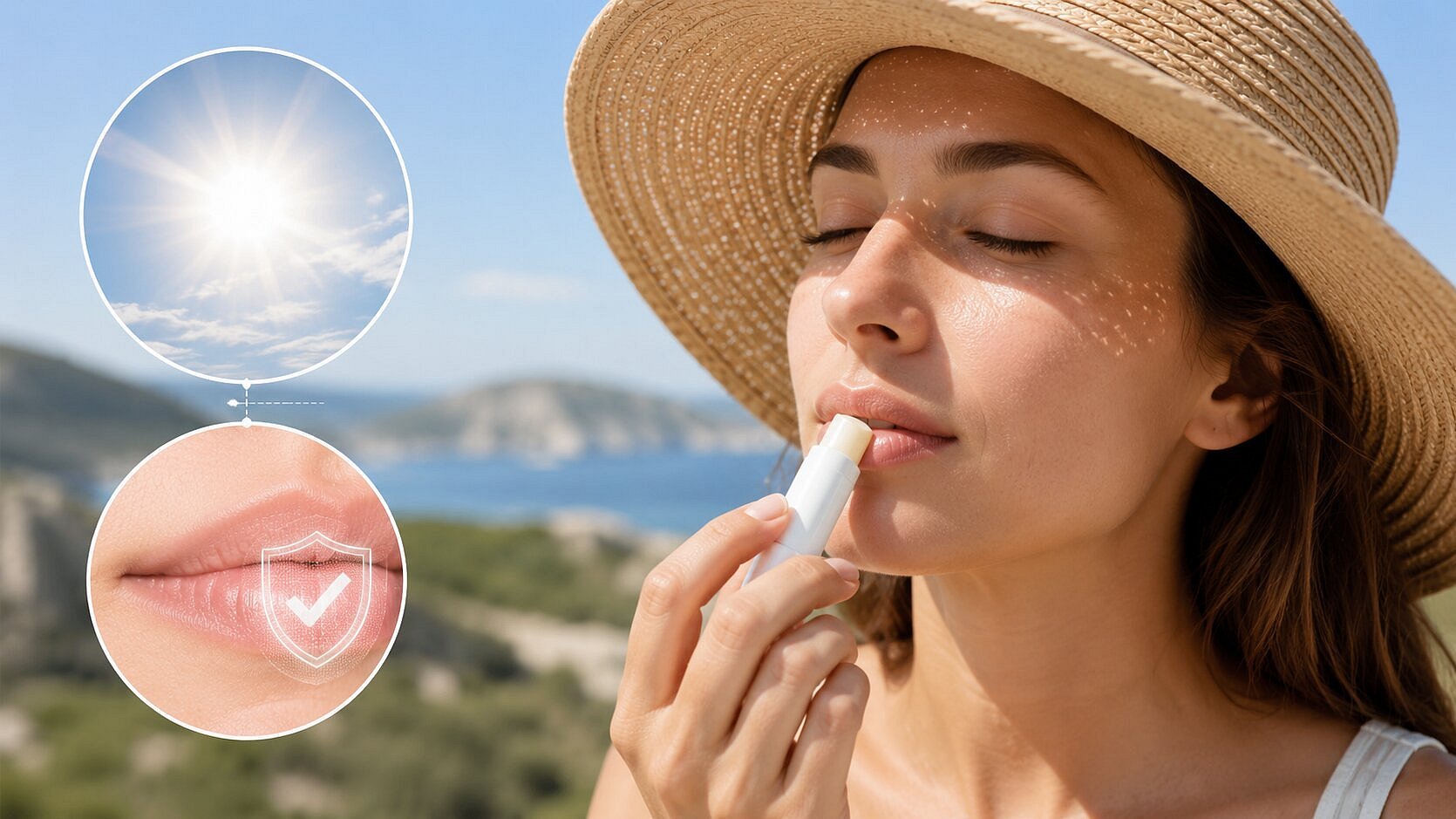Mujer al aire libre protegiéndose los labios del sol con un protector labial neutro