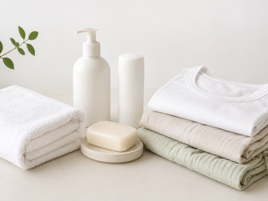 Productos básicos de higiene suave, una toalla limpia y ropa transpirable 