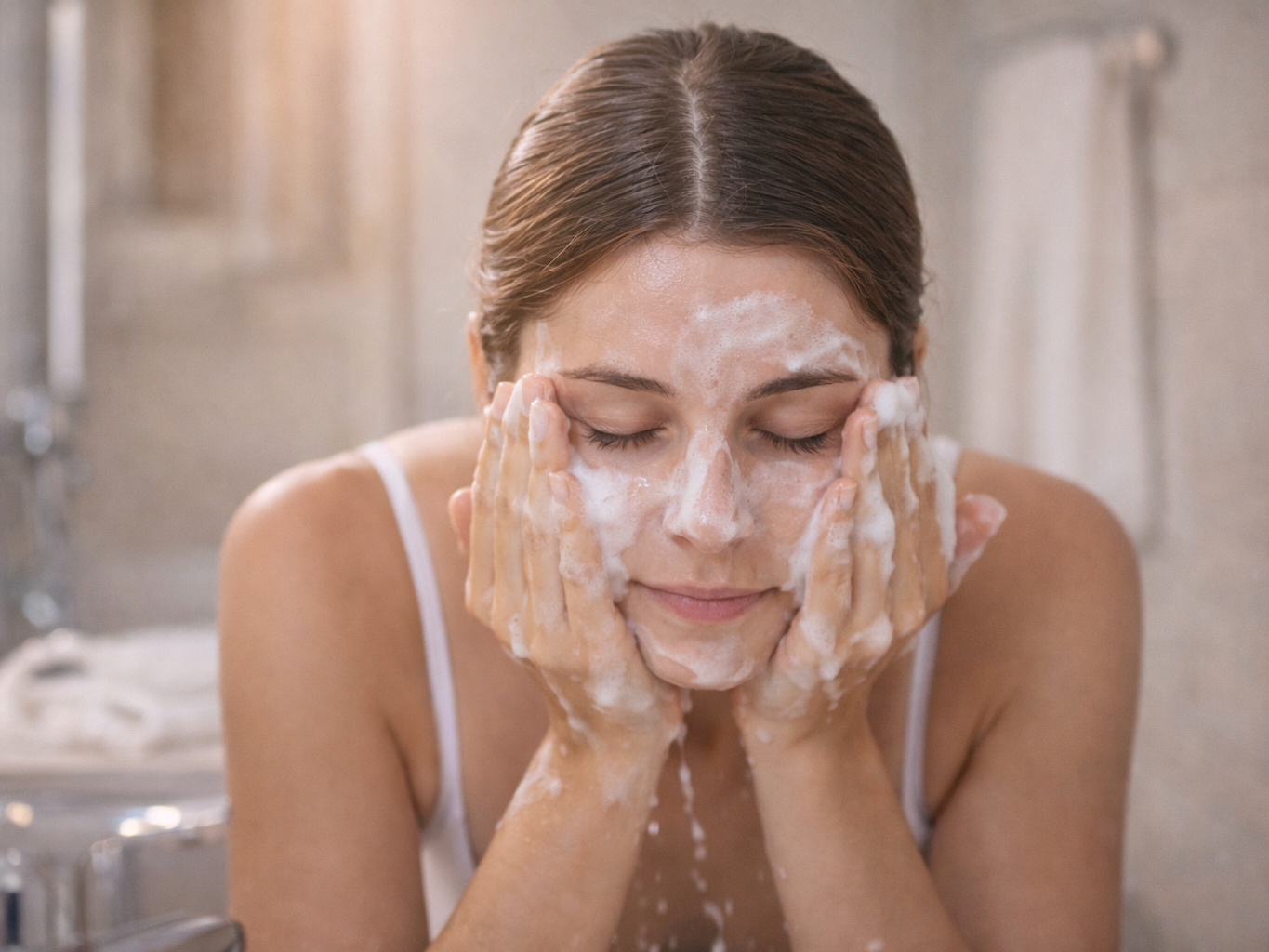 Persona lavándose el rostro frente a un espejo con abundante espuma facial Persona lavándose el rostro frente a un espejo con abundante espuma facial