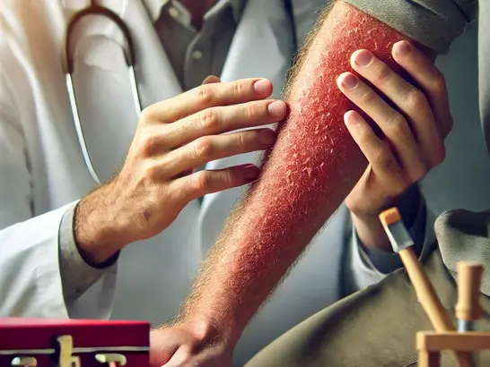 Dermatólogo examinando el brazo de un paciente con psoriasis, mostrando signos de irritación cutánea