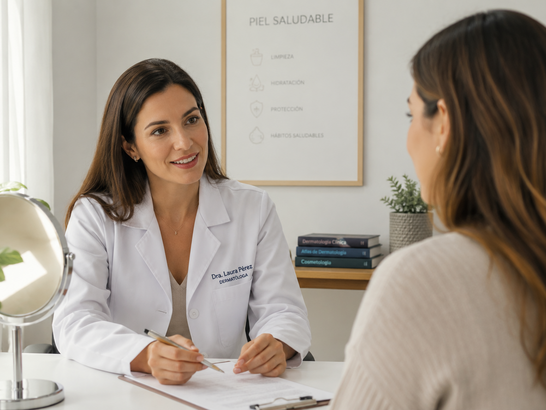 Consulta dermatológica en la que una médica habla con una paciente 