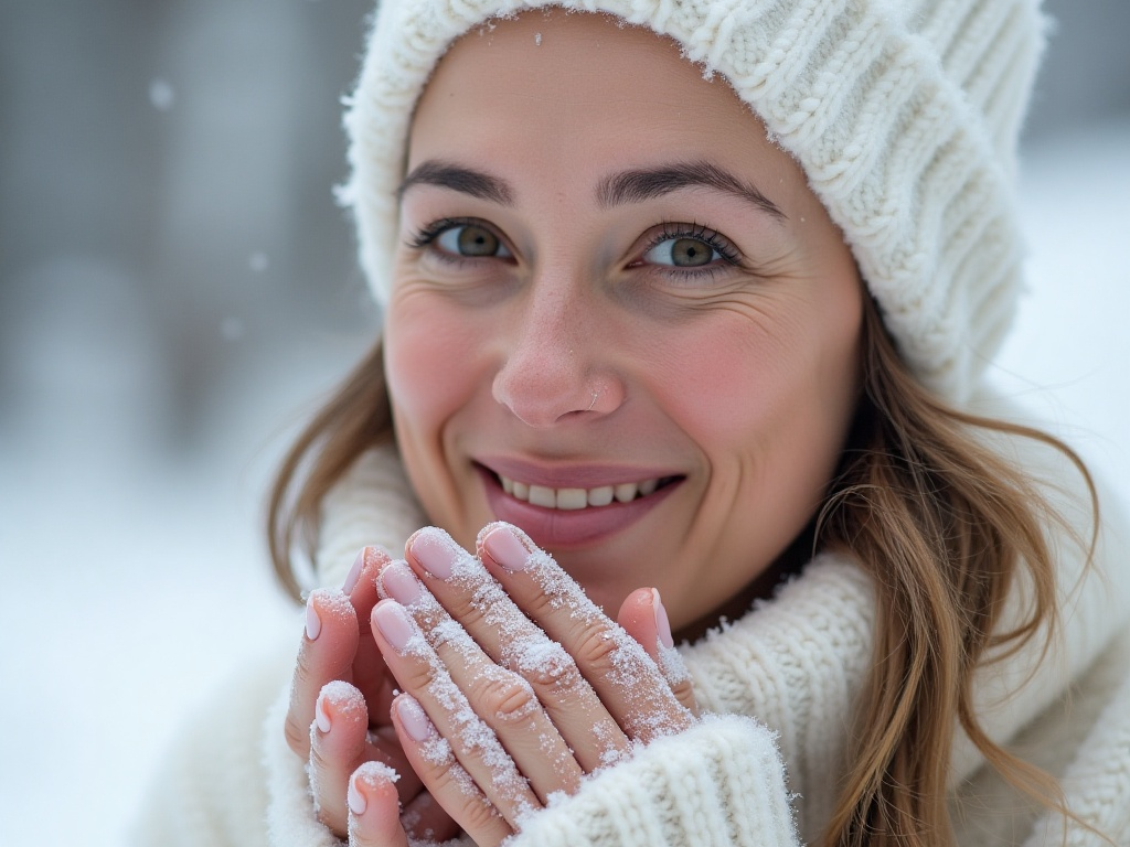 Mujer abrigada en un entorno nevado con piel saludable Mujer abrigada en un entorno nevado con piel saludable