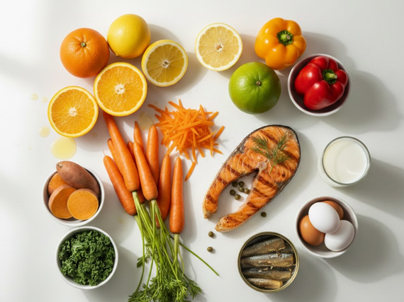 Composición de alimentos ricos en vitaminas A, C y D como zanahorias, cítricos y pescado azul