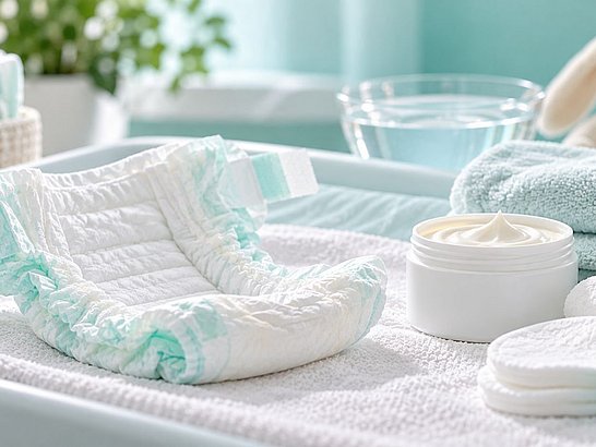 Bodegón sanitario con crema dermatológica neutra, pañal blanco y toalla suave
