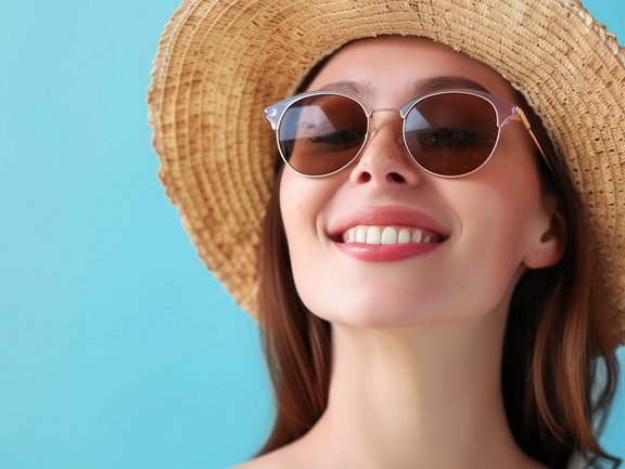 Un rostro con piel radiante y saludable, acompañado de elementos veraniegos como un sombrero de paja y gafas de sol