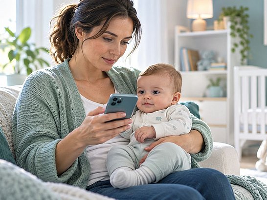 Madre sentada en un salón infantil luminoso, sosteniendo en brazos a su bebé completamente vestido mientras consulta el móvil para pedir cita con el pediatra.