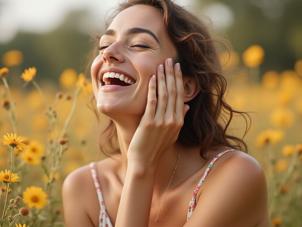 Mujer al aire libre entre flores con una sonrisa relajada y piel fresca. Mujer al aire libre entre flores con una sonrisa relajada y piel fresca.