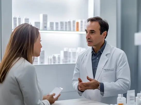 Una persona conversando con un dermatólogo en un consultorio moderno, con productos dermatológicos visibles en el fondo.