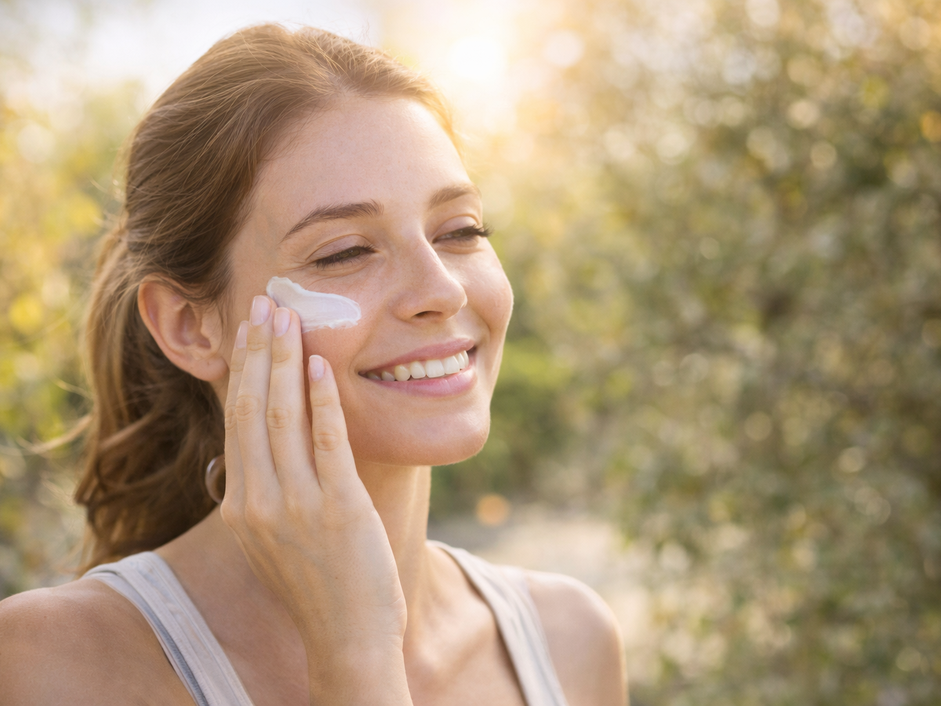 Persona aplicando protector solar en el rostro al aire libre Persona aplicando protector solar en el rostro al aire libre