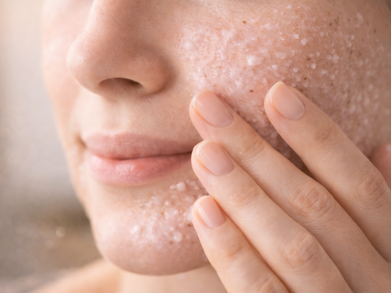 Primer plano de piel con textura suave mientras se aplica un exfoliante facial Primer plano de piel con textura suave mientras se aplica un exfoliante facial