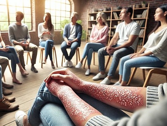 Grupo de personas compartiendo experiencias en un círculo de apoyo, reflejando la importancia de la comunidad en el manejo de la psoriasis