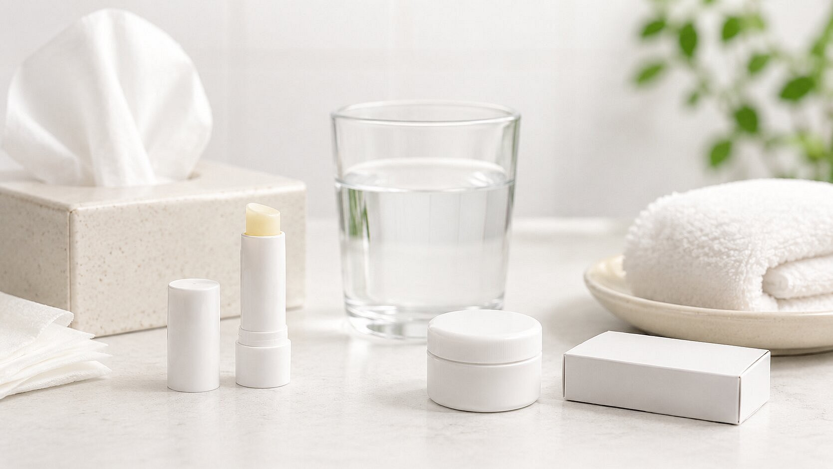 Neceser limpio con bálsamo labial neutro, pañuelos, agua y una pequeña caja de medicamento 