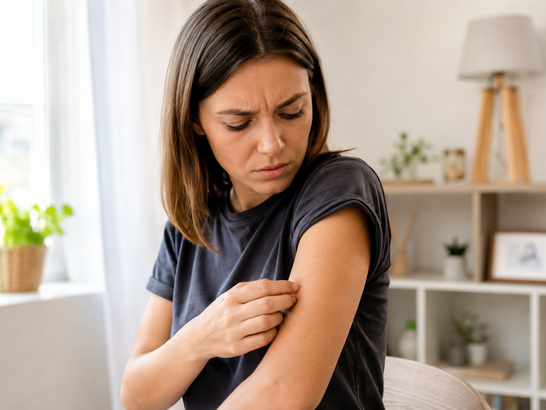 Mujer observando con gesto de duda pequeños granitos en el brazo
