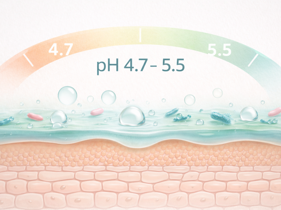 Ilustración del manto ácido de la piel, mostrando el pH entre 4.7 y 5.5 sobre una representación de la epidermis. Estilo científico, colores suaves y fondo neutro