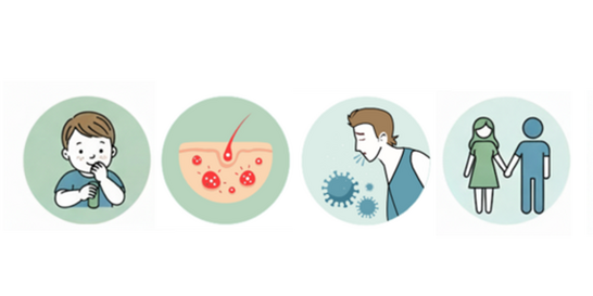Ilustración con iconos: niño, piel irritada, escudo inmunitario debilitado y pareja