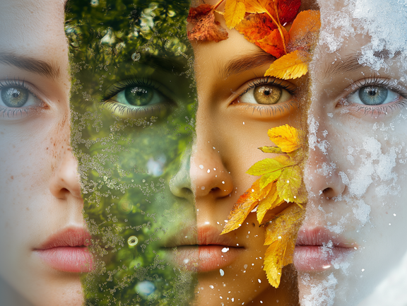 Collage con rostros de personas en diferentes estaciones del año: nieve, flores, sol de verano y hojas otoñales, todos con piel cuidada