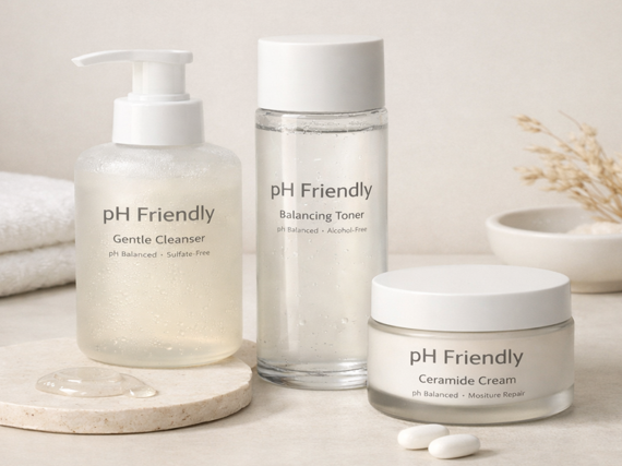Composición de productos cosméticos ‘pH friendly’: gel limpiador suave, tónico equilibrante y crema con ceramidas