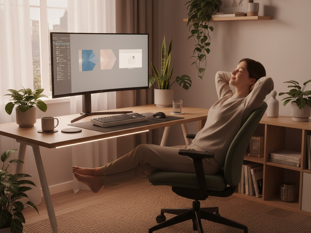 Espacio de trabajo moderno con luz cálida, una persona tomando un breve descanso frente al ordenador con postura relajada, plantas en el entorno, ambiente acogedor, iluminación suave Espacio de trabajo moderno con luz cálida, una persona tomando un breve descanso frente al ordenador con postura relajada, plantas en el entorno, ambiente acogedor, iluminación suave