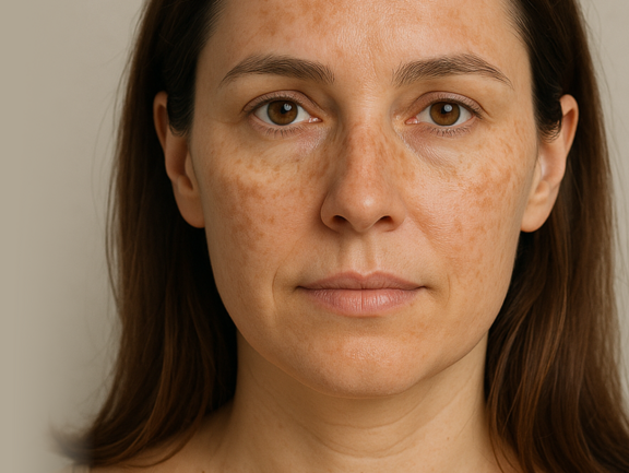 Mujer adulta con melasma visible en pómulos y frente