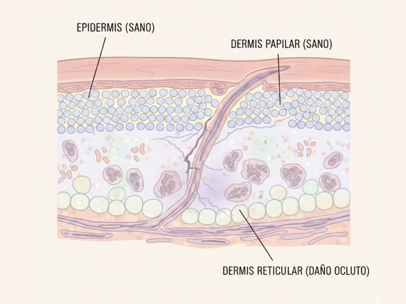 Ilustración de piel vista a nivel microscópico con capas superficiales aparentemente sanas y daño invisible en capas profundas