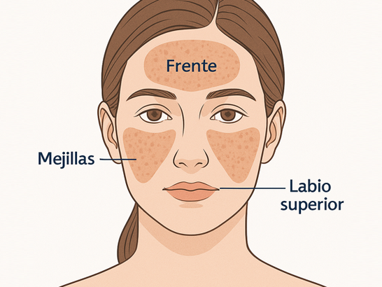 Ilustración médica del rostro femenino con zonas típicas de melasma resaltadas