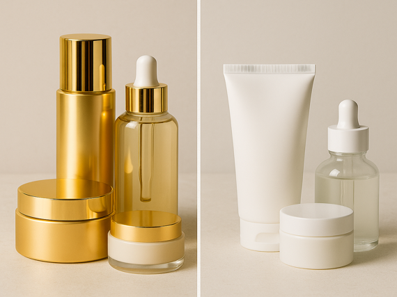 Dos grupos de productos cosméticos: uno de aspecto lujoso y otro minimalista, colocados lado a lado