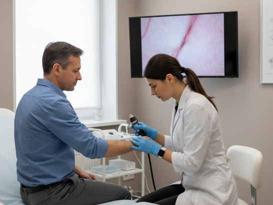 Consulta dermatológica: médico observando la piel del brazo de un paciente con dermatoscopio