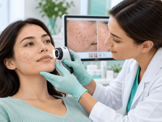 Dermatóloga observando mediante un dispositivo de análisis cutáneo la mejilla de una persona adulta, centrada en la valoración de pequeñas manchas posacné